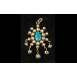 15ct Gold Antique Pendant, Set With A Central Turquoise Surrounded By Seed Pearls,