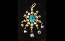 15ct Gold Antique Pendant, Set With A Central Turquoise Surrounded By Seed Pearls,