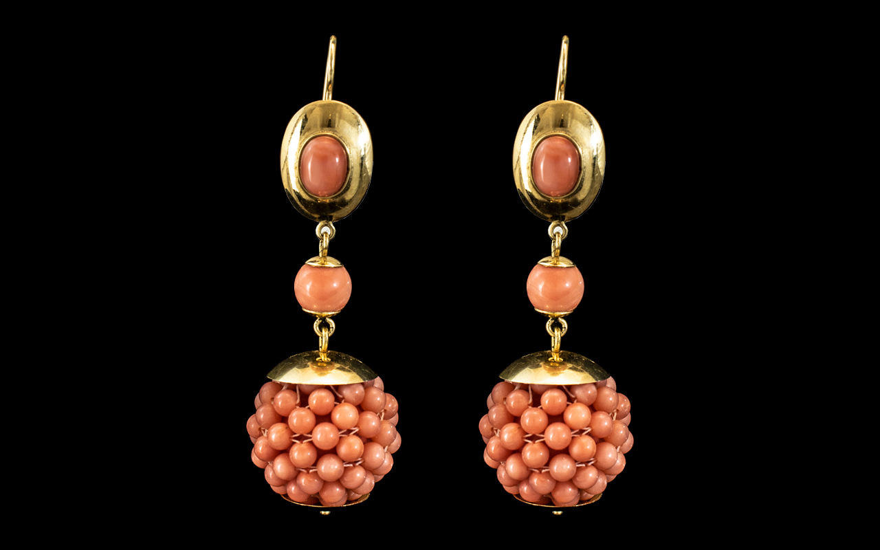 18ct Gold - Superb Quality Statement Pair of Coral Set Earrings / Drops of Top Quality.