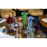 Collection of Coloured Glass, including a 9" tall pink glass bowl on a pedestal,