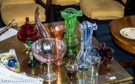 Collection of Coloured Glass, including a 9" tall pink glass bowl on a pedestal,