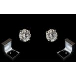 Ladies - 18ct White Gold Good Quality Pair of Modern Round Brilliant Cut Diamond Set Earrings (