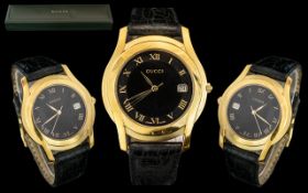 Gucci - Good Quality Gold Tone Steel Cased Wrist Watch, With Signed Gucci Black Leather Watch Strap,