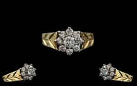 Ladies 18ct Gold - Attractive Diamond Set Cluster Ring, Flower head Design.