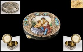 Antique Period - Attractive French Silver and Enamel Signed Oval Shaped Hinged Pill Box,