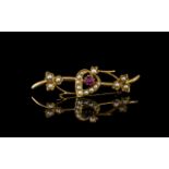 Victorian 15ct Gold - Attractive and Exquisite Ruby and Seed Pearl Set Brooch, Marked 15ct. The