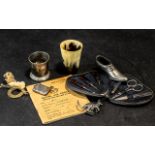 Collection of Ephemera, comprising horn cup with silver cross to front, pewter small cup,