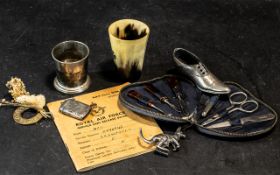 Collection of Ephemera, comprising horn cup with silver cross to front, pewter small cup,