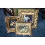 Three Vintage Paintings in Decorative Frames, comprising an oval plaque in an ornate square frame,