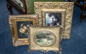 Three Vintage Paintings in Decorative Frames, comprising an oval plaque in an ornate square frame,