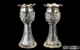 Pair of Cut Glass Vases with Silver flut