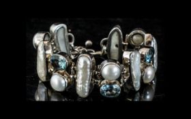 Blue Topaz Biwa Pearl & White Sterling S