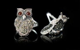 Two Various Marcasite Set Couture 'Owl' Rings,