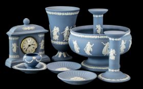 Collection of Wedgwood Blue Jasper Ware, comprising a large footed bowl 8" diameter, a mantle clock,