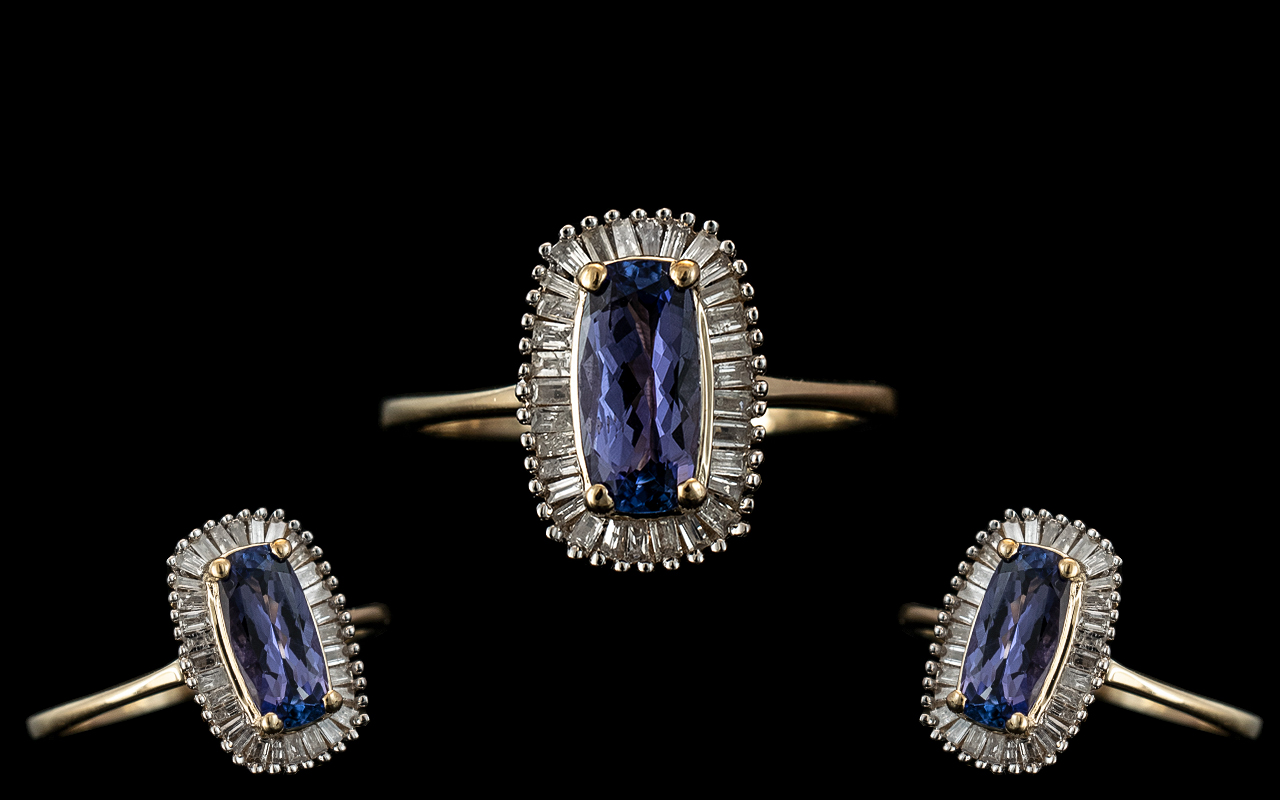 Ladies Attractive 9ct Gold Tanzanite and Diamond Set Ring, Excellent Design.