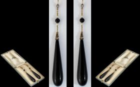 Antique - Period 9ct Gold Superb Pair of Black Onyx Seed Pearl and Diamond Set Long Tear-drop