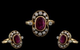 Ladies 14ct Gold - Attractive Ruby and Diamond Set Dress Ring, Marked 14ct to Interior of Shank. The