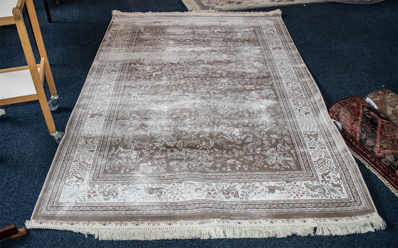 Cream & Mushroom Fine Woven Bamboo Silk Hunting Scene Rug, beautiful design, unused.