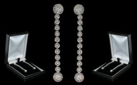 Ladies - Superb 18ct White Gold 1930's Style Diamond Set Drop Earrings. Marked 750 - 18ct.