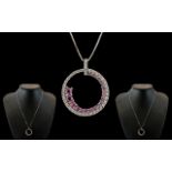 18ct White Gold - Circle of Life Pendant Set with Diamonds and Pink Sapphires,