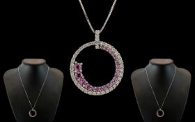 18ct White Gold - Circle of Life Pendant Set with Diamonds and Pink Sapphires,