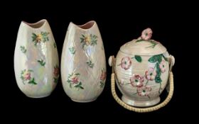 Collection of Maling Ceramics. Includes Pair of Vases and a Very Similar Designed Biscuit Barrel.