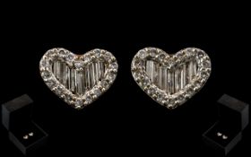 18ct White Gold - Fine Pair of Heart Shaped Diamond Set Earrings.