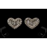 18ct White Gold - Fine Pair of Heart Shaped Diamond Set Earrings.