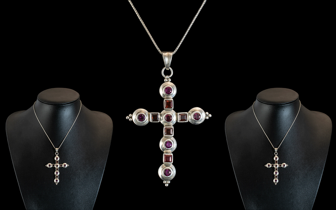 Large Sterling Silver Statement Necklace in the form of a cross, set with Ruby,