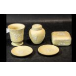 Collection of Yellow Wedgwood Jasperware, comprising 4" square lidded trinket box,