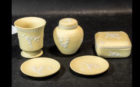 Collection of Yellow Wedgwood Jasperware, comprising 4" square lidded trinket box,