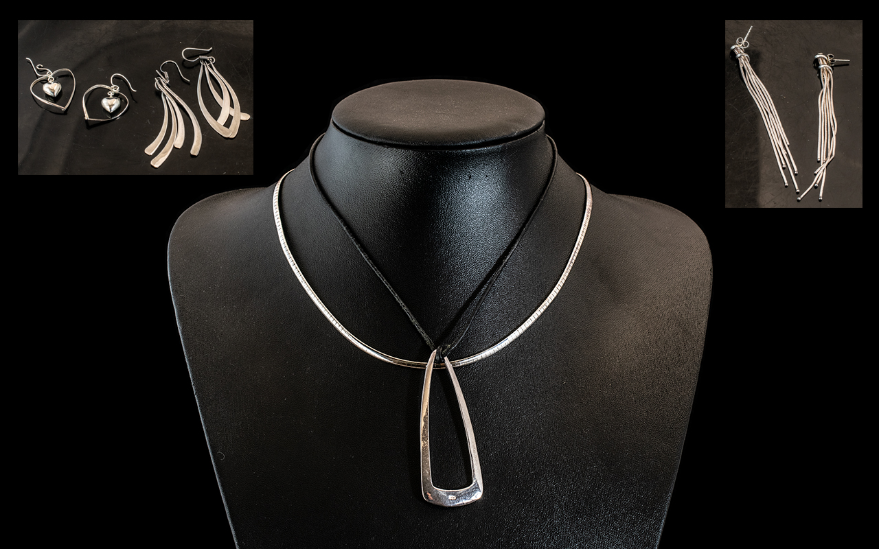 Collection of Silver Jewellery, to include three pairs of earrings, a necklace and a pendant.