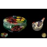 Moorcroft Lidded Pot, dark green Hibiscus pattern, 5" diameter,