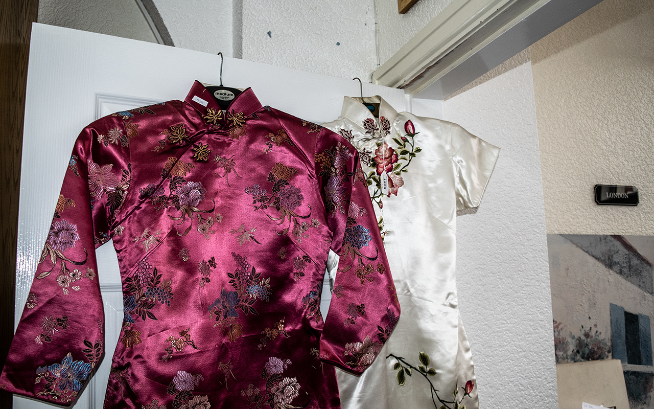 Two Chinese Silk Cheongsam Dresses, traditional style with side slits, comprising a pink floral - Image 2 of 3