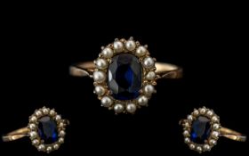 Antique Period - Ladies 9ct Gold Sapphire and Seed Pearl Set Ring, Flower head Design.