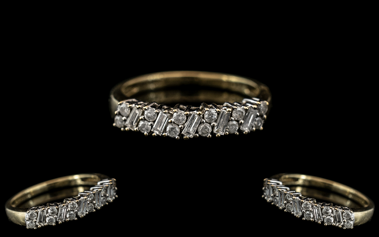 Ladies 9ct White & Yellow Gold Diamond Set Ring. Marked 9.375 to interior of shank. The baguette and