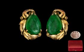 18ct Gold - Fine Quality Pair of Jade Set Earrings.