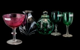 Collection of Mixed Glass, to include a Victorian Green Glass Dump, two green sherry glasses, a