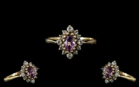 Ladies - Attractive 9ct Gold Amethyst and Diamond Set Dress Ring. Fully Hallmarked for 9.375.