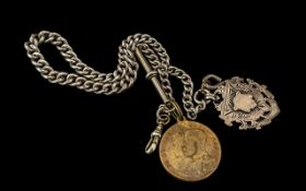 Antique Period Sterling Silver Albert Chain with Attached Silver Medal / Fob and Medallion.