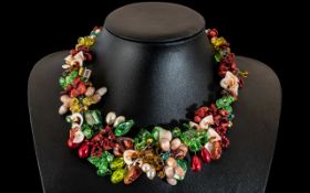 Floral Beaded & Stone Set Collar, colourful necklace/collar in floral design formed with shells,