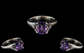 Ladies - Superb Contemporary 18ct White Gold Diamond and Amethyst Set Dress Ring, Hallmark to