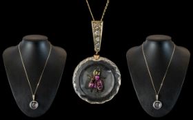 Victorian Period - 9ct Gold Rock Crystal and Diamond Set Pendant with Applied Imaged of a Bee,