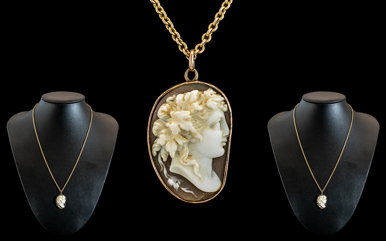 9ct Gold - Mounted Cameo Attached to a 9ct Gold Chain.