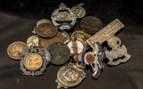 Selection of British military sweetheart brooches and other silver and white metal items.