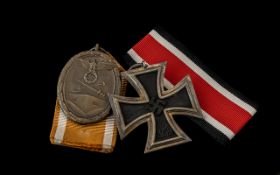 Third Reich Nazi German Medals: Iron Cross 2nd Class with ribbon and West Wall Medal with ribbon.