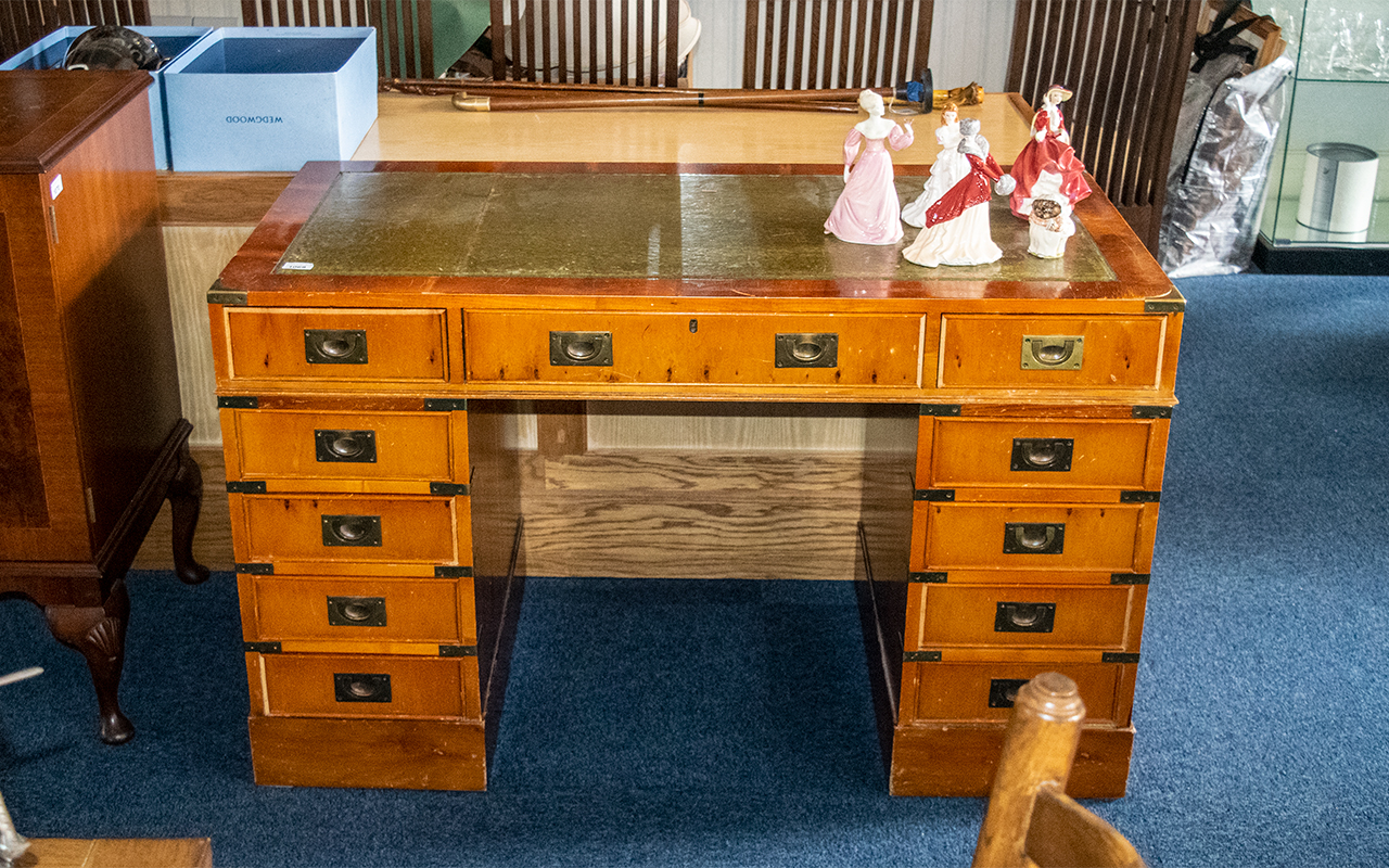 Campaign Style Pedestal Desk, with green leather tooled top,