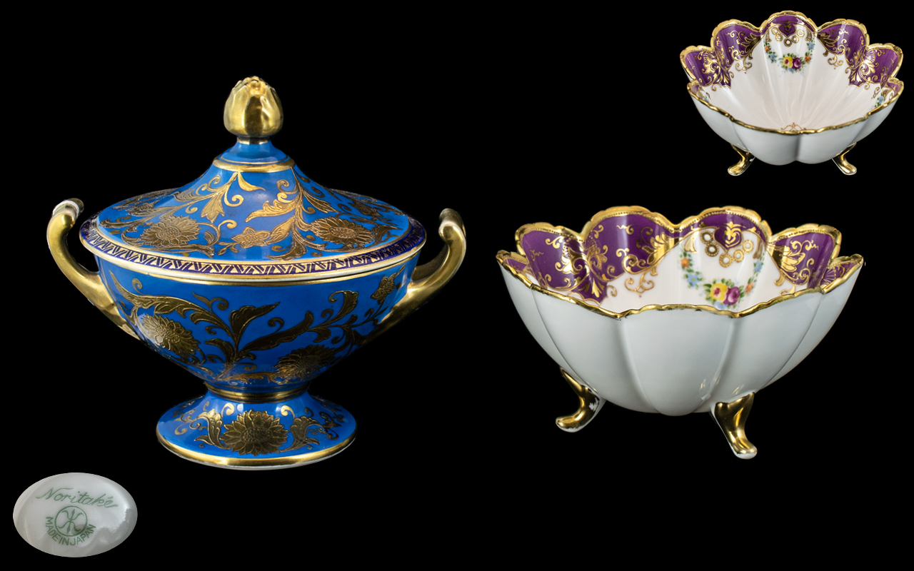 Noritake 1920's Superb Hand Decorated Twin Handle Lidded Bowl, Decorated with Painted Gold Floral