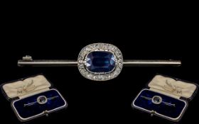 Antique Period - 18ct White Gold Attractive Diamond and Sapphire Set Brooch.