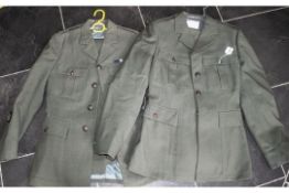 Two Royal Marine Formal Army Green Uniforms, comprising formal jacket and trousers, one with metal